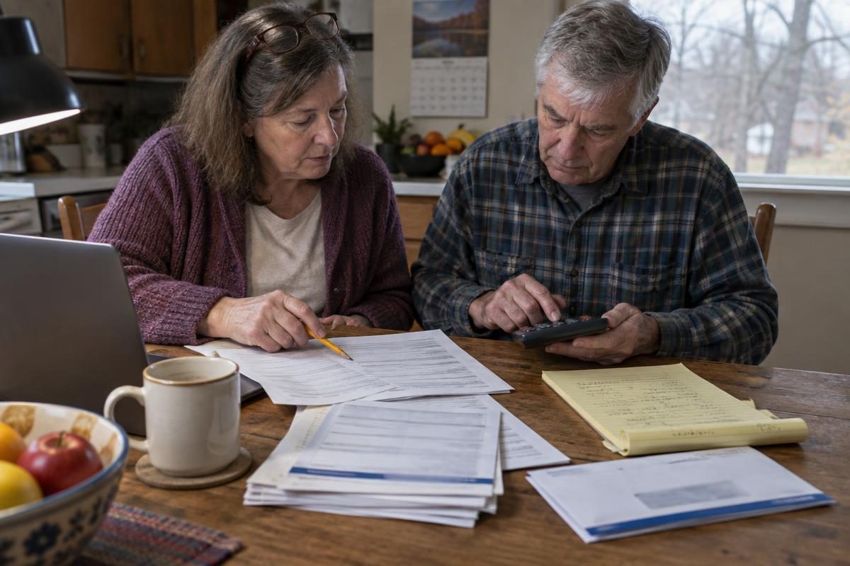 About us at Retire Calculators, a couple reviewing pension and Medicare paperwork at their kitchen table
