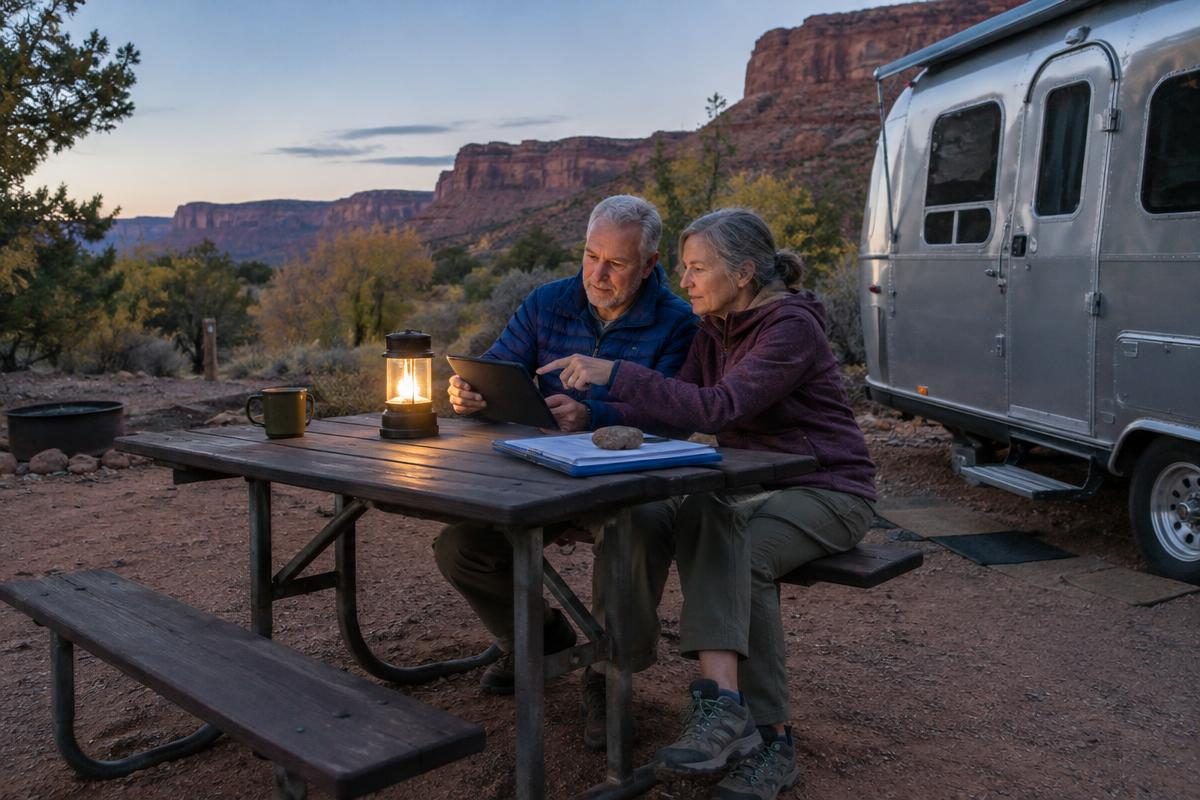 Early retirees reviewing Marketplace plans at camp with an ACA subsidy calculator for early retirees