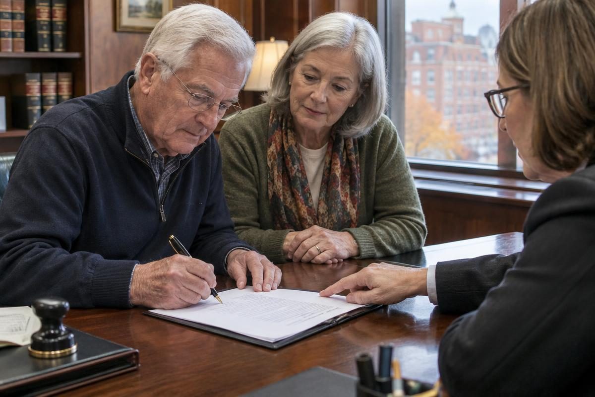 An older couple signing estate documents with their attorney after using an estate tax calculator