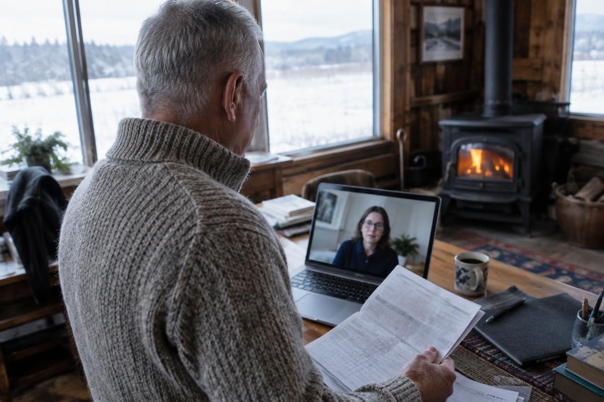An older adult reviewing IRMAA brackets with an accountant on a video call from a barn office