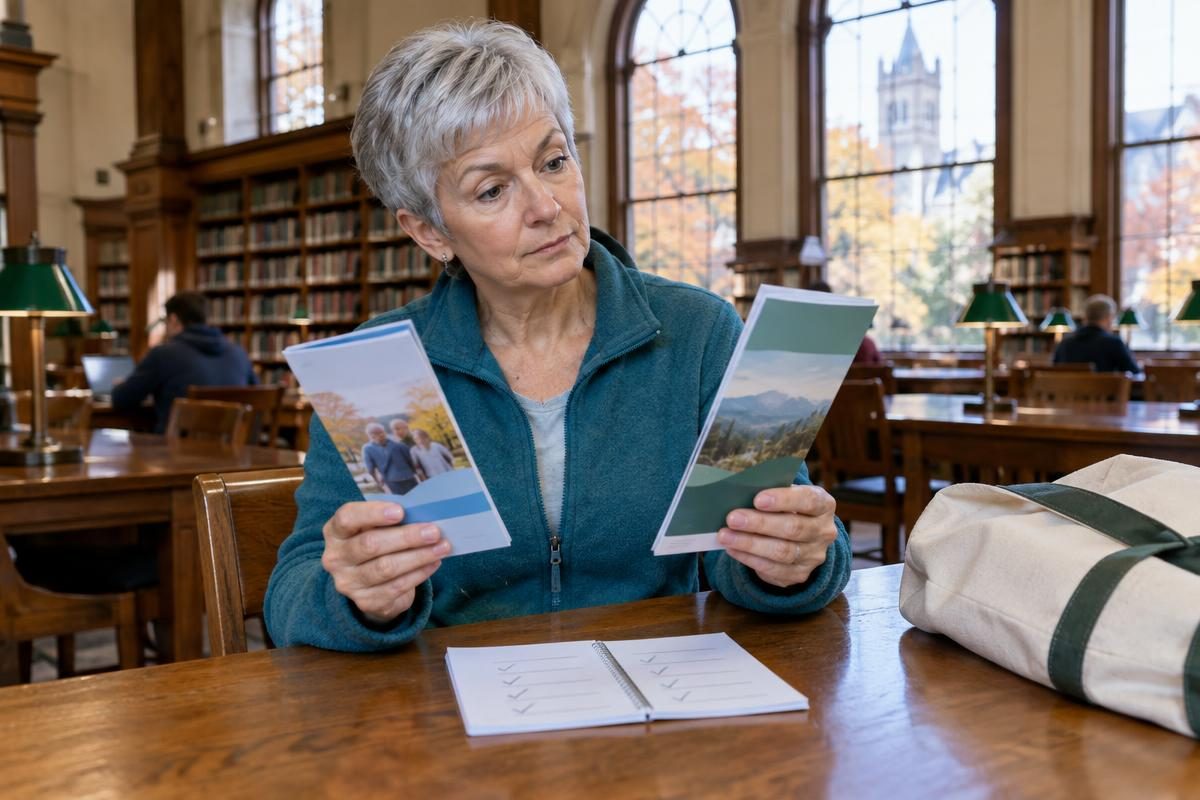 Comparing plan brochures at the library with a Medicare Advantage vs Medigap cost calculator