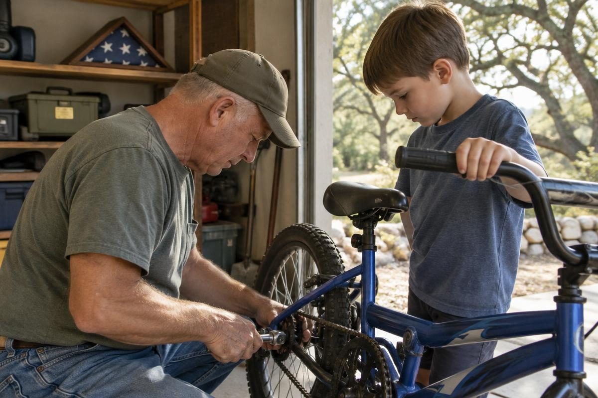 Retired veteran fixing a grandchild's bike, the life a military retirement calculator helps plan