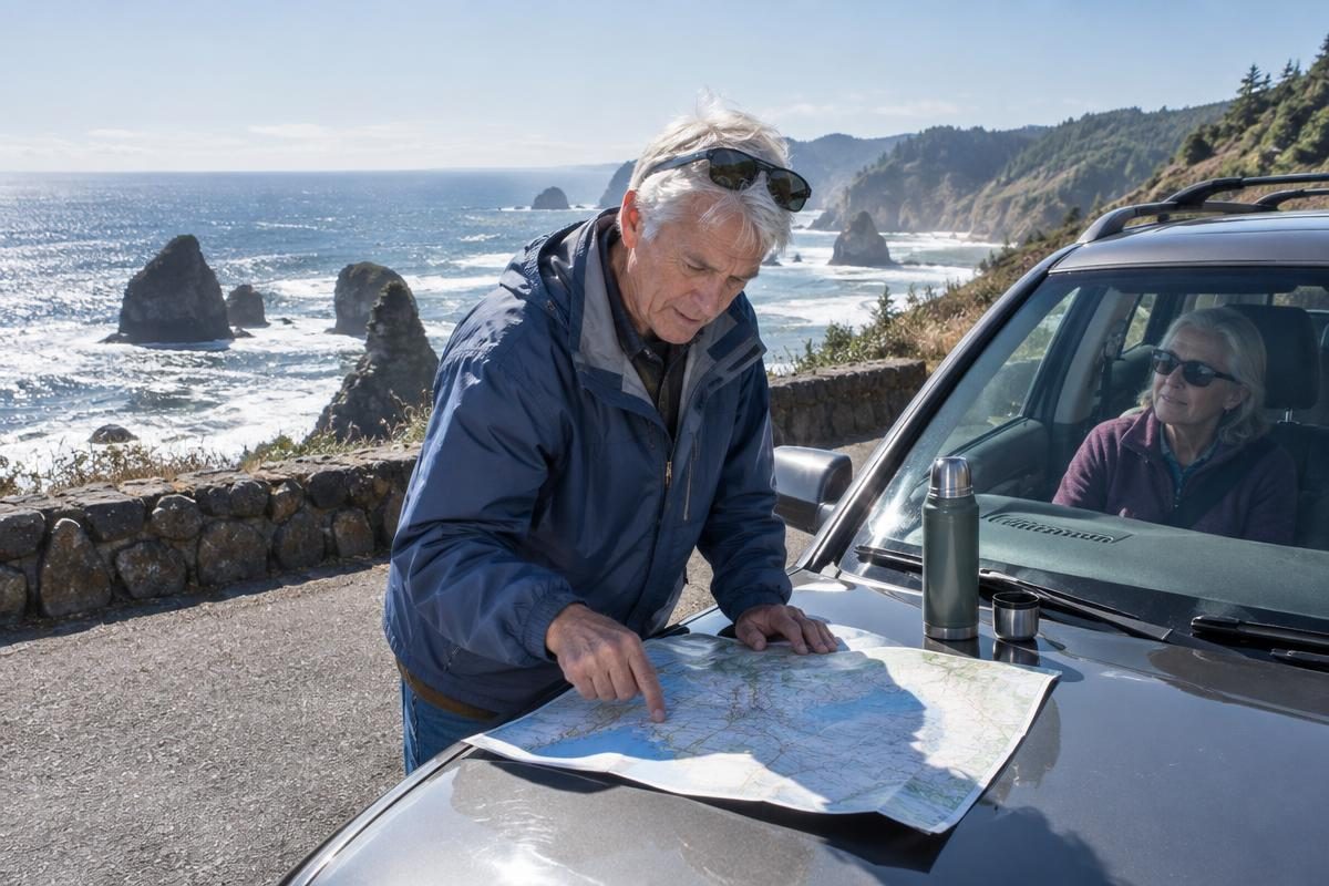 Older traveler planning a coast road trip on a budget set with a safe withdrawal rate calculator