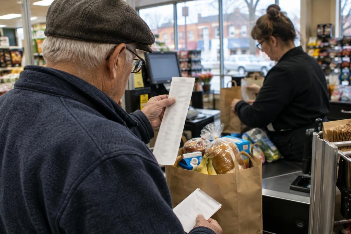 An older shopper checking grocery prices, the reason people use a social security cola calculator