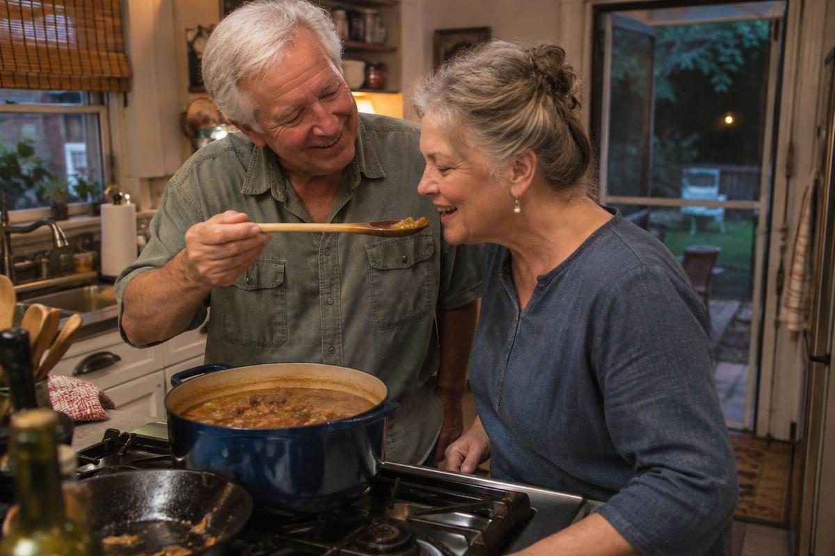 A married couple cooking together, the household a spousal social security calculator plans around