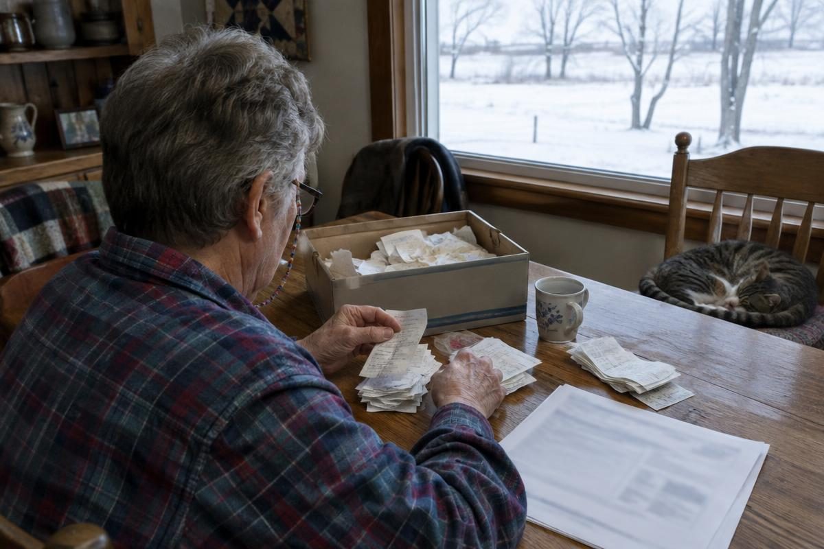 An older adult sorting receipts at home with a taxes on Social Security benefits calculator