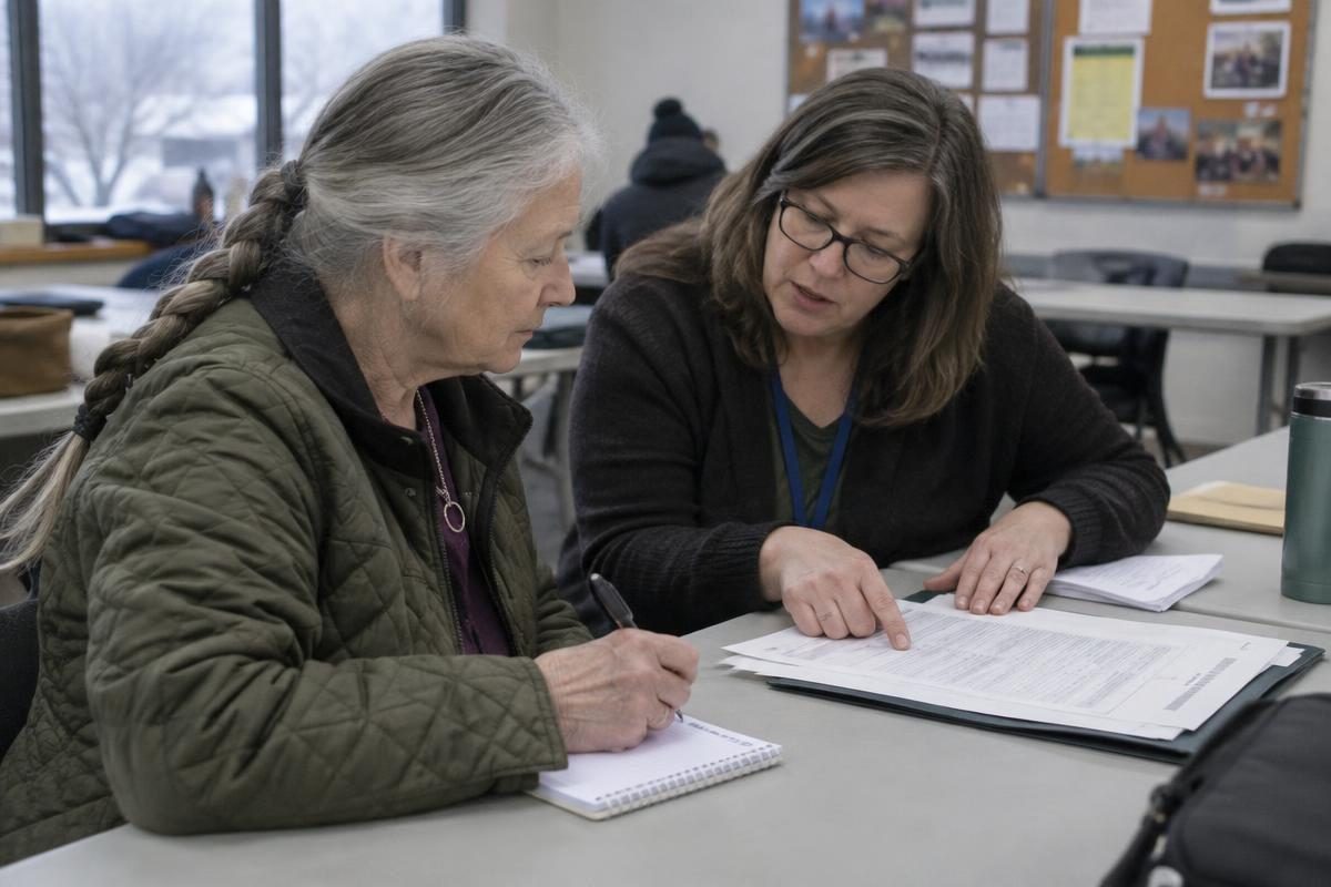A surviving spouse reviewing a single filer return with a volunteer, the gap a widows penalty calculator shows